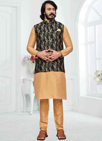 Amazing Art Silk Cream Kurta With Black Koti For Party